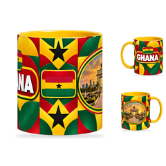Ghana Mug Yellow – 320ml with yellow handle, showing the centered flag view plus companion country-name and landmark views of the glossy full-wrap design by Fann Bliss.