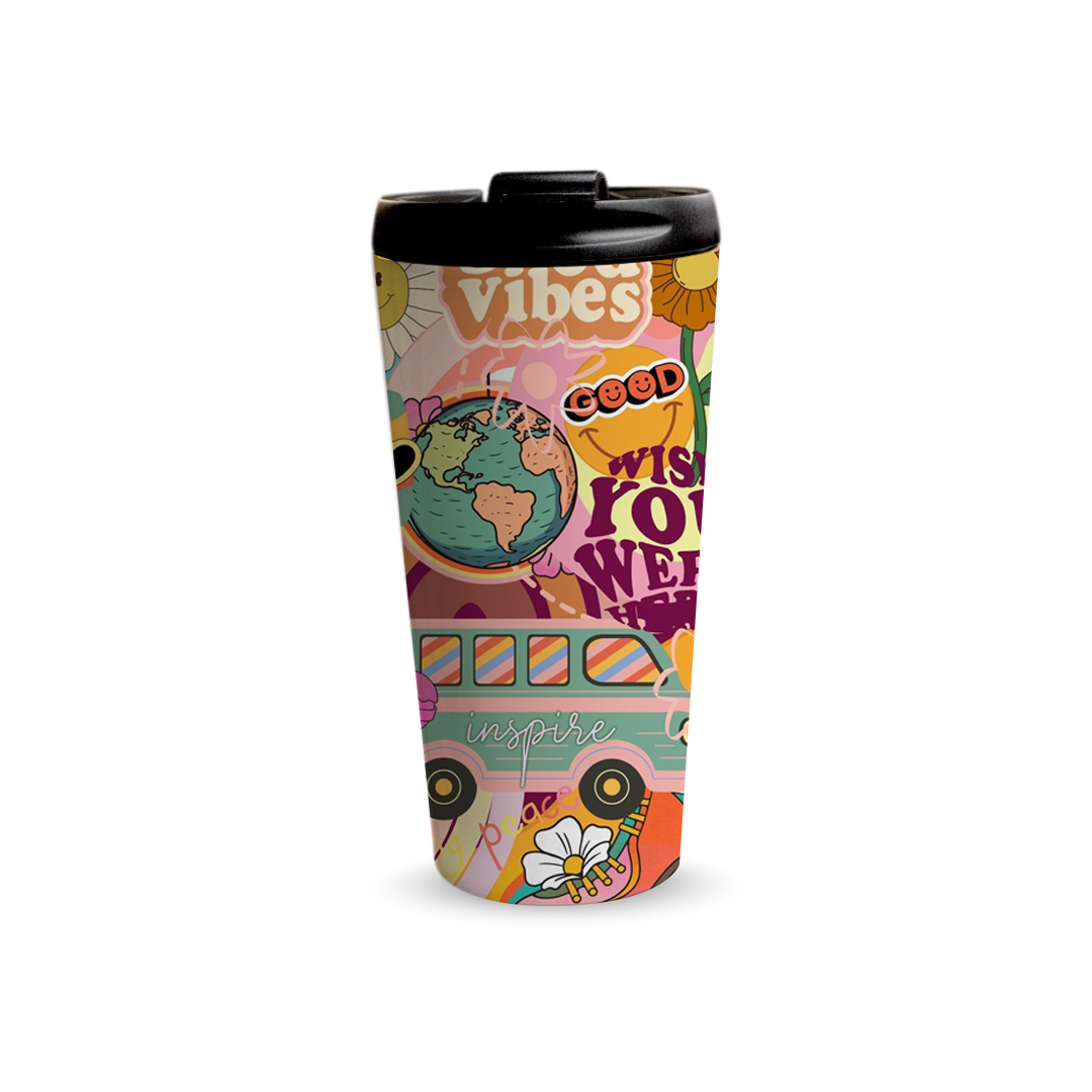 Good Vibes 480ml Tumbler by Fann Bliss — closed black lid view