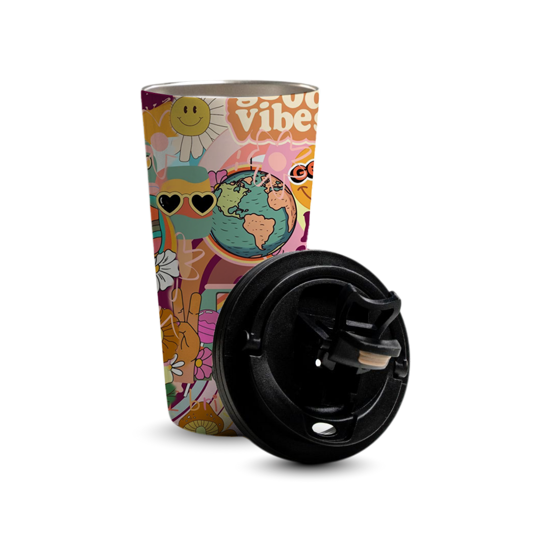 Good Vibes 480ml Tumbler by Fann Bliss — open tumbler with lid beside it