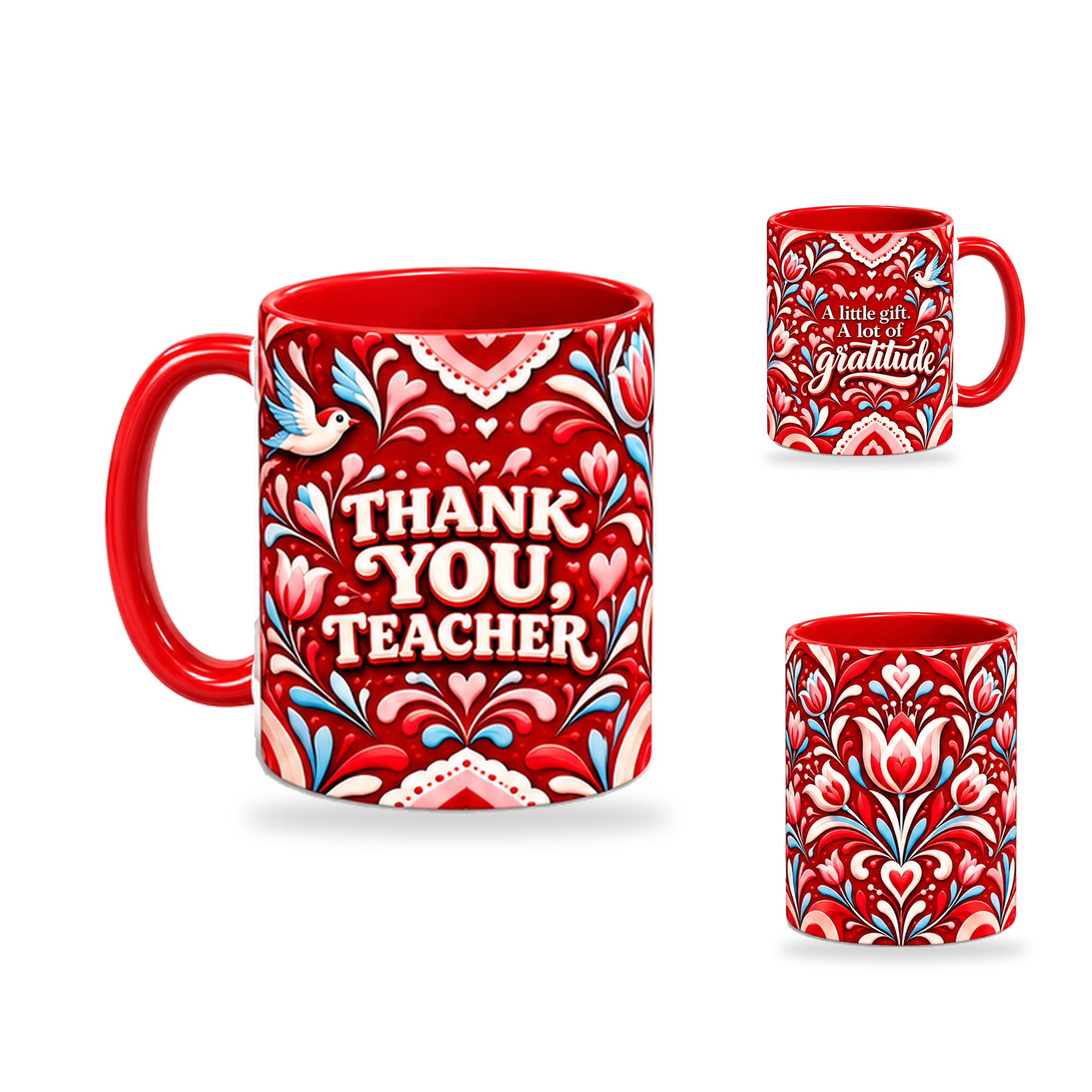 Grateful Hearts Mug – 320ml, Red ceramic mug, opposite-side of the Teacher’s Day artwork