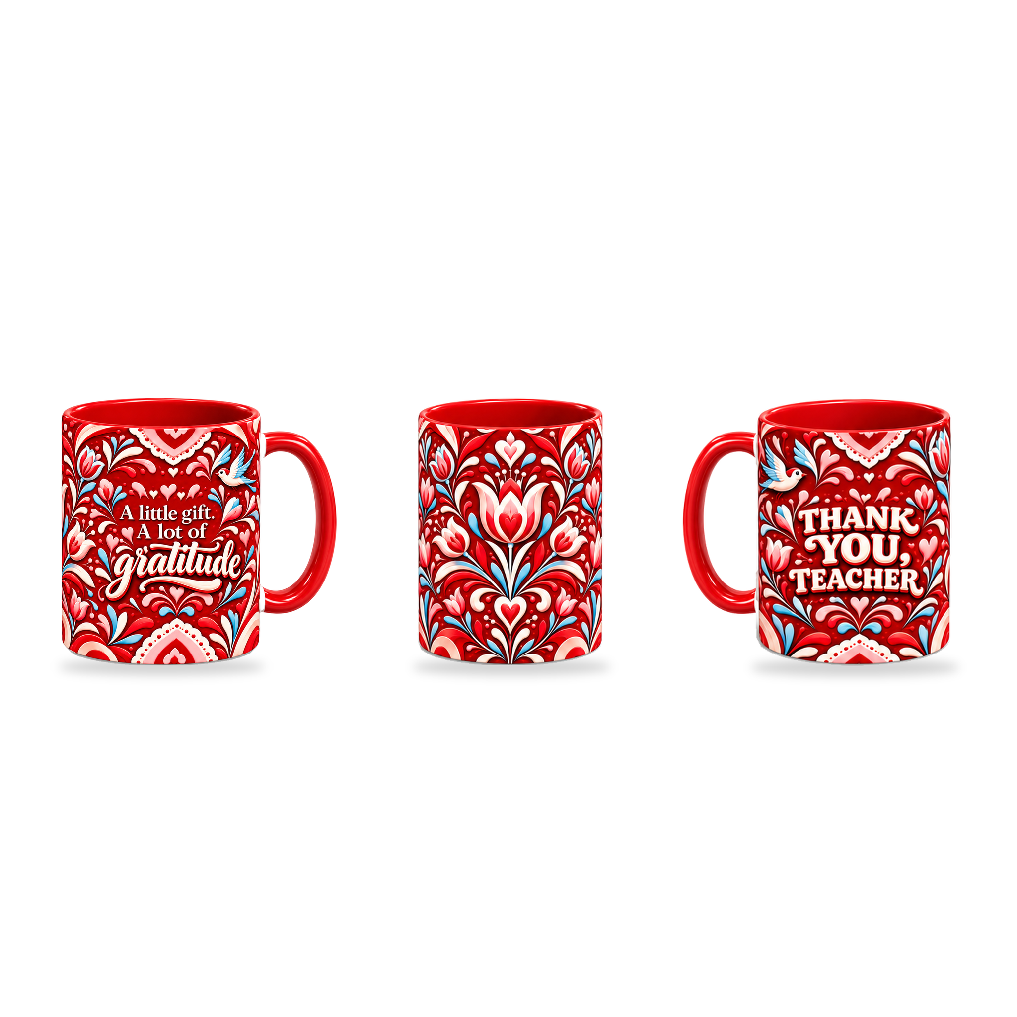 Grateful Hearts Mug – 320ml, Red ceramic mug, three-angle overview of the Teacher’s Day artwork