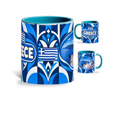 Greece Mug Teal – 320ml with teal handle, showing the centered flag view plus companion country-name and landmark views of the glossy full-wrap design by Fann Bliss.