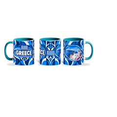 Greece Mug Teal – 320ml with teal handle, shown in three matching angles of the glossy full-wrap design by Fann Bliss.