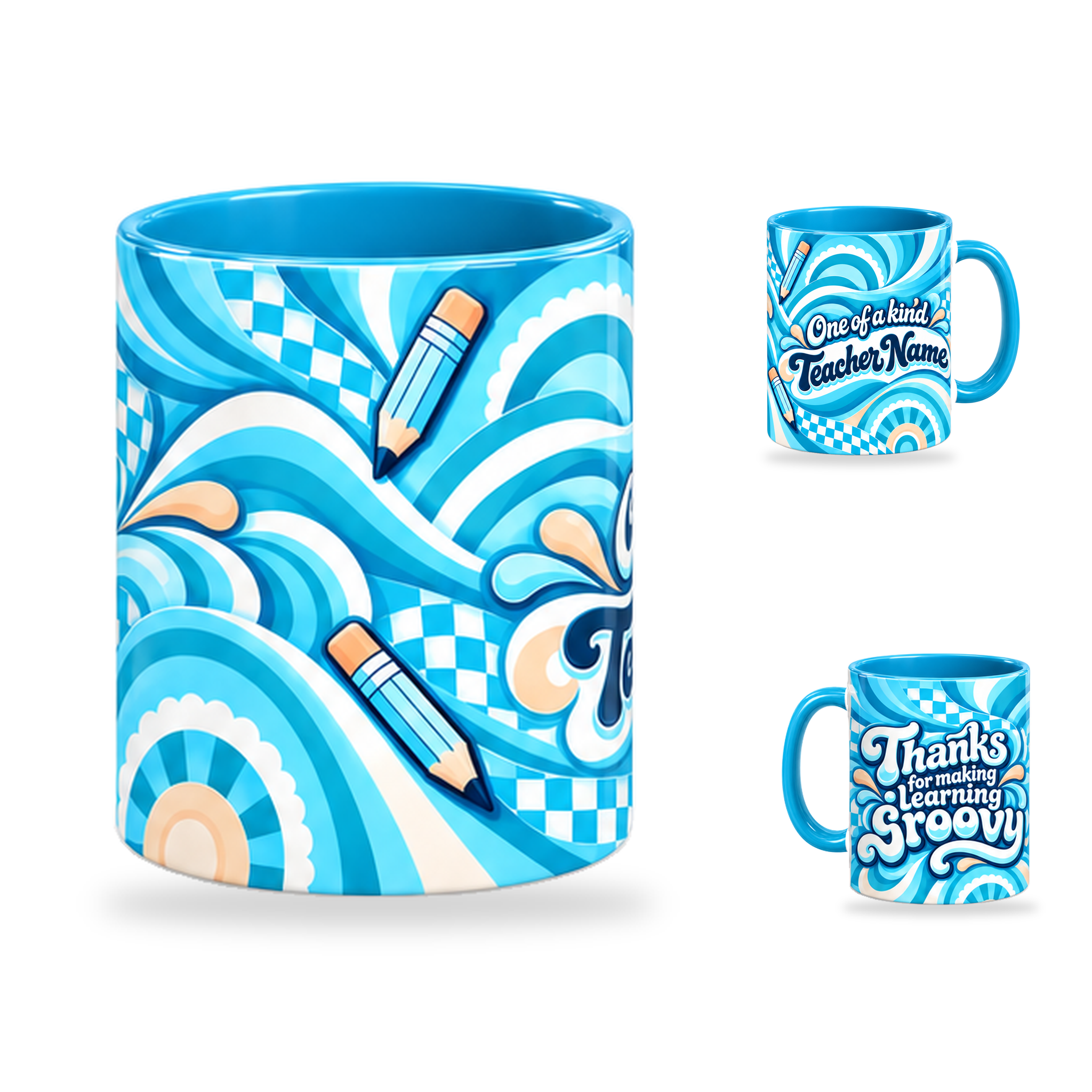 Groovy Teacher Mug – 320ml, Light Blue ceramic mug, centre-pattern of the Teacher’s Day artwork