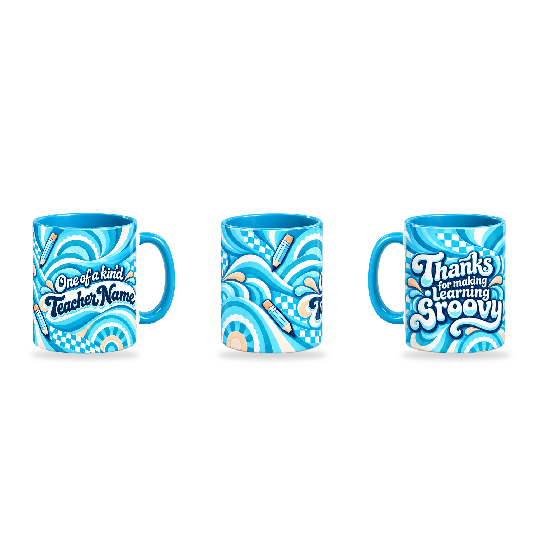Groovy Teacher Mug – 320ml, Light Blue ceramic mug, three-angle overview of the Teacher’s Day artwork