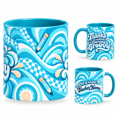 Groovy Teacher Mug – 320ml, teal handle and interior, center view of the full-wrap teacher gift design