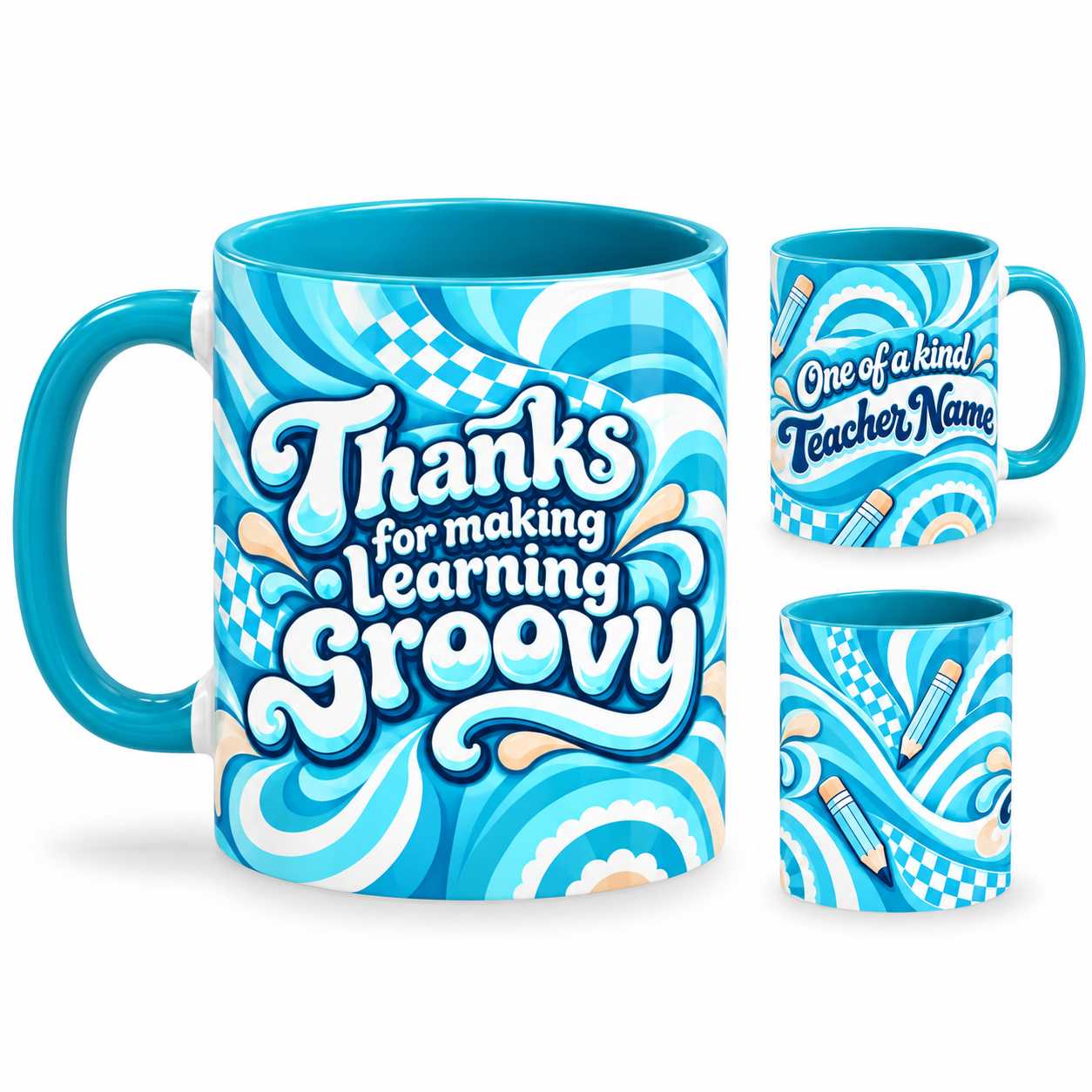 Groovy Teacher Mug – 320ml, teal handle and interior, left view of the full-wrap teacher gift design