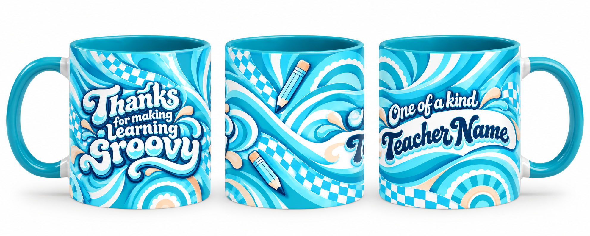 Groovy Teacher Mug – 320ml, teal handle and interior, overview view of the full-wrap teacher gift design