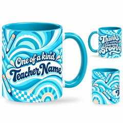 Groovy Teacher Mug – 320ml, teal handle and interior, right view of the full-wrap teacher gift design