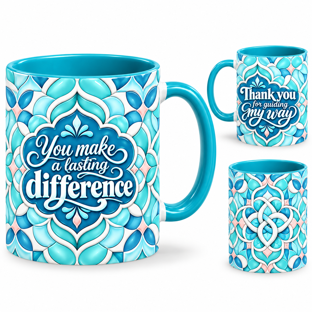 Guiding Light Mug – 320ml, teal ceramic mug, views of the full-wrap Teacher’s Day design