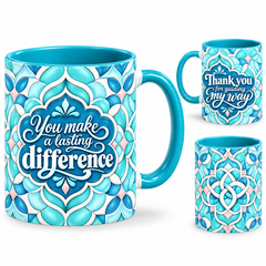 Guiding Light Mug – 320ml, teal ceramic mug, views of the full-wrap Teacher’s Day design
