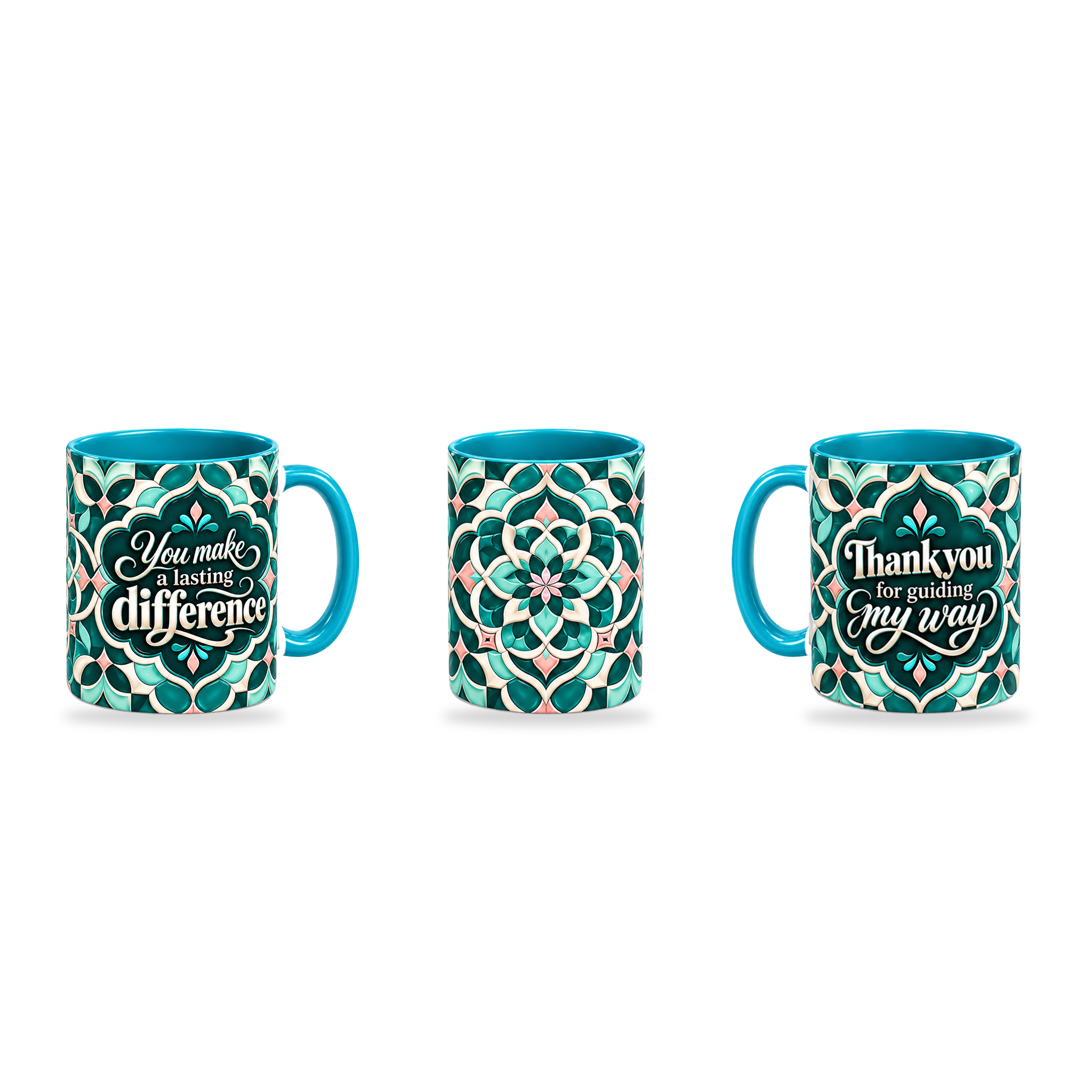 Guiding My Way Mug – 320ml, Teal ceramic mug, three-angle overview of the Teacher’s Day artwork