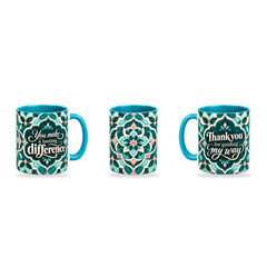 Guiding My Way Mug – 320ml, Teal ceramic mug, three-angle overview of the Teacher’s Day artwork