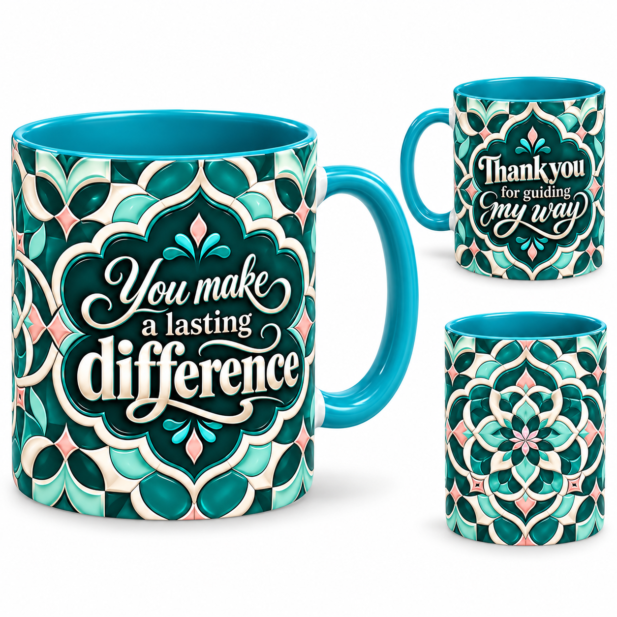 Guiding My Way Mug – 320ml, teal ceramic mug, views of the full-wrap Teacher’s Day design