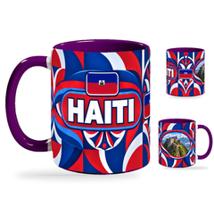 Haiti Mug Purple – 320ml with purple handle, showing the country-name side plus companion centered-flag and landmark views of the glossy full-wrap design by Fann Bliss.