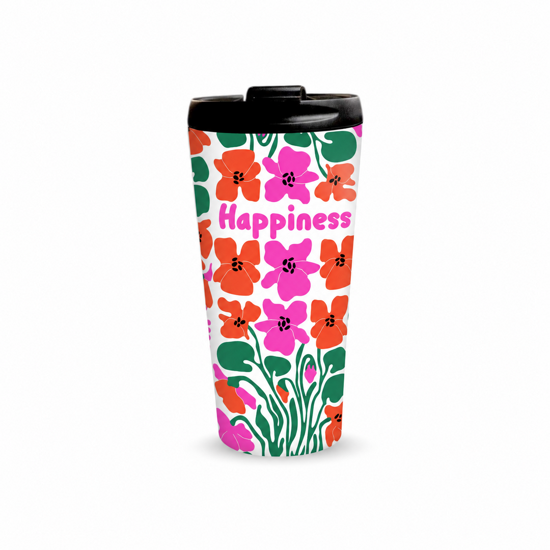 Happiness 480ml Tumbler with closed black lid, front view