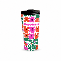 Happiness 480ml Tumbler with closed black lid, front view