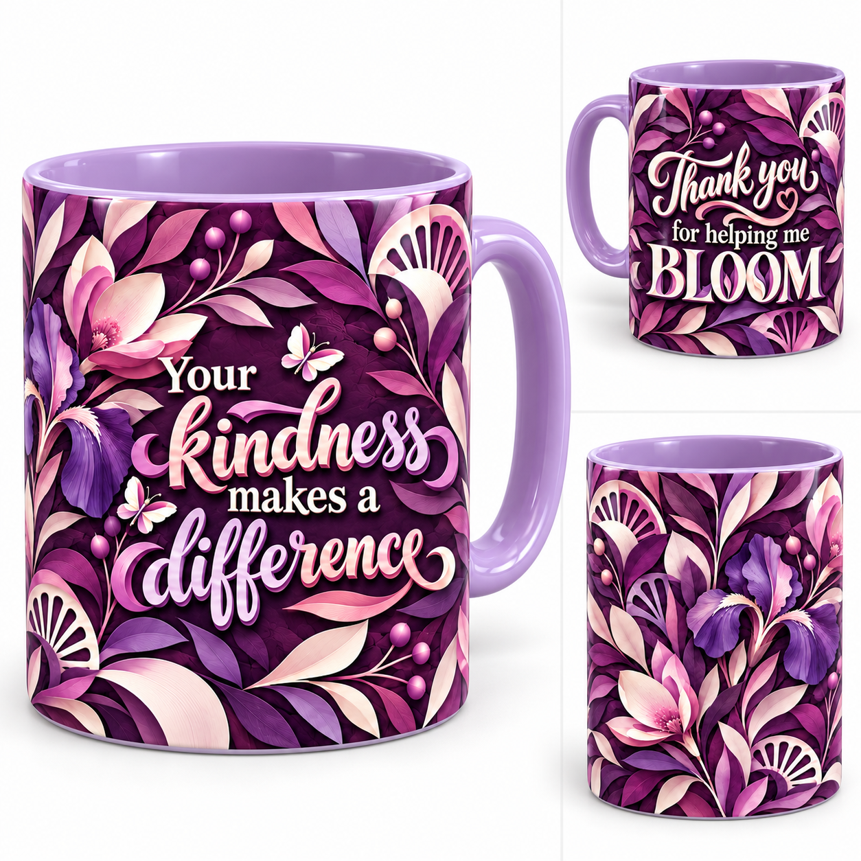 Helping Me Bloom Mug – 320ml, light purple ceramic mug, views of the full-wrap Teacher’s Day design