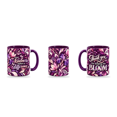 Helping Me Bloom Mug – 320ml, Purple ceramic mug, three-angle overview of the Teacher’s Day artwork