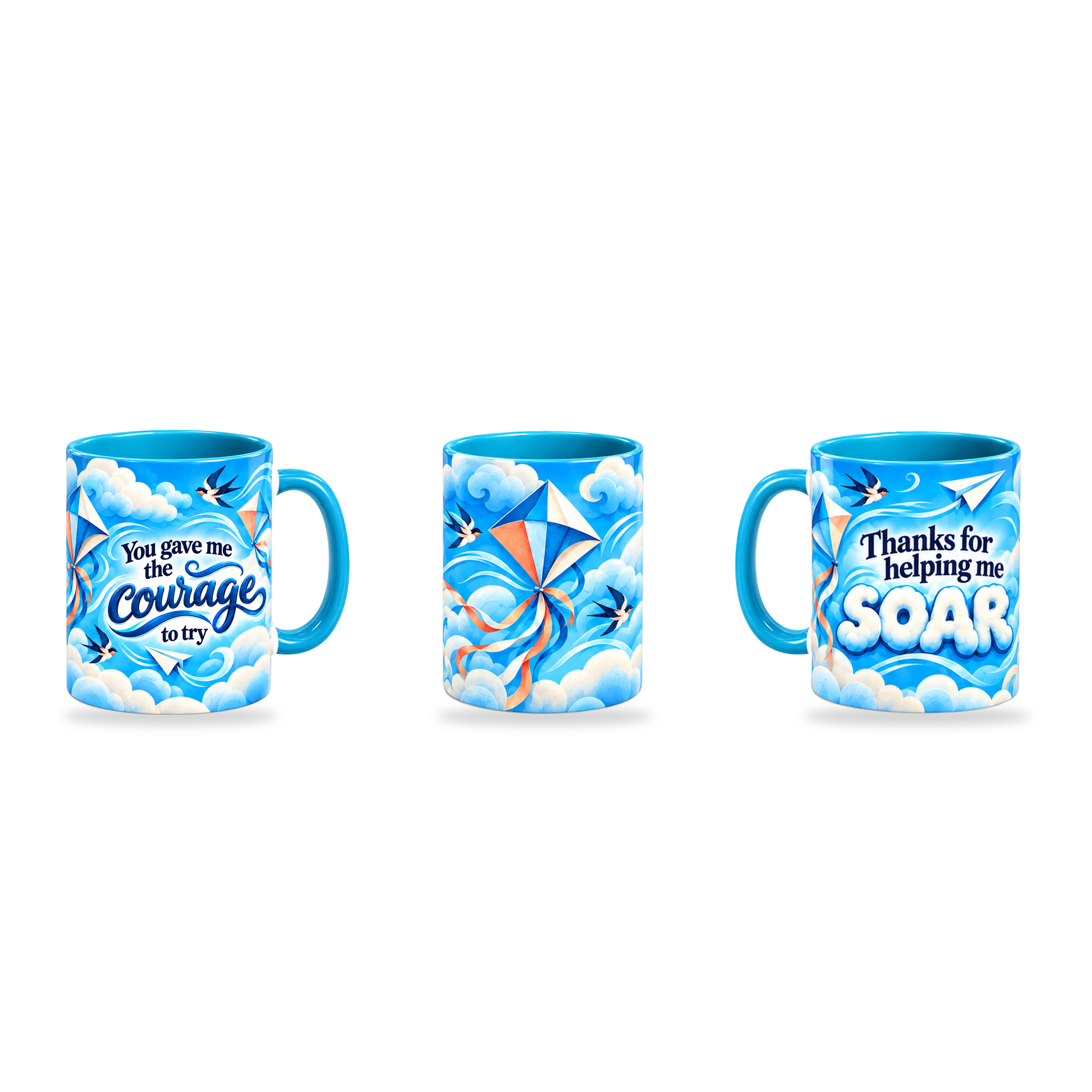 Helping Me Soar Mug – 320ml, Light Blue ceramic mug, three-angle overview of the Teacher’s Day artwork
