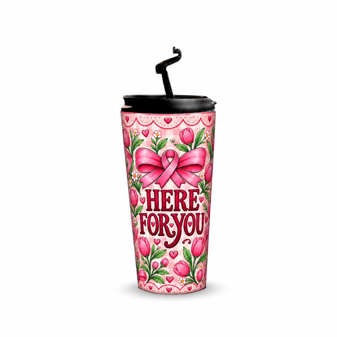 Here For You Pinktober Tumbler – 480ml, open flip-spout lid view