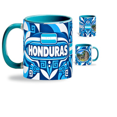 Honduras Mug Teal – 320ml with teal handle, showing the country-name side plus companion centered-flag and landmark views of the glossy full-wrap design by Fann Bliss.
