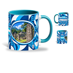 Honduras Mug Teal – 320ml with teal handle, showing the landmark side plus companion country-name and centered-flag views of the glossy full-wrap design by Fann Bliss.