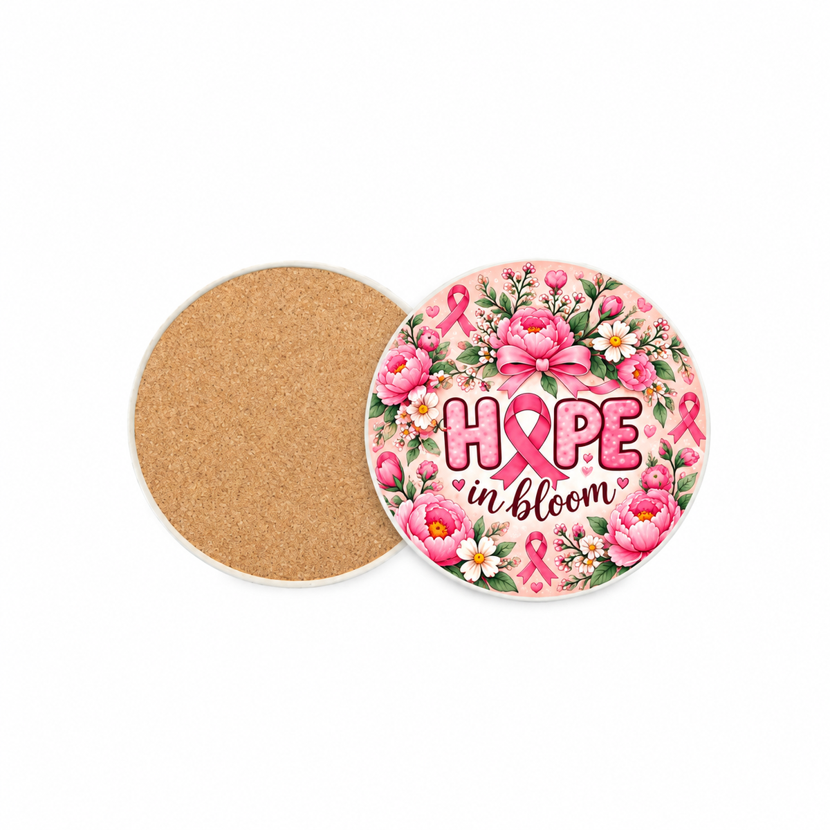 Hope Garden Pinktober 10cm round ceramic coaster, printed front and cork back