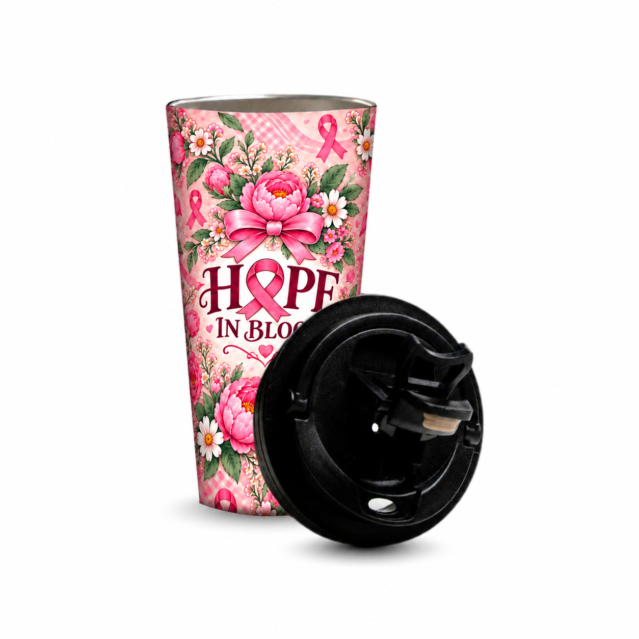 Hope Garden Pinktober Tumbler – 480ml, removable lid beside the tumbler