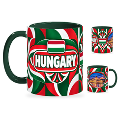 Hungary Mug – 320ml with dark green handle, showing the country-name side plus companion centered-flag and landmark views of the glossy full-wrap design by Fann Bliss.
