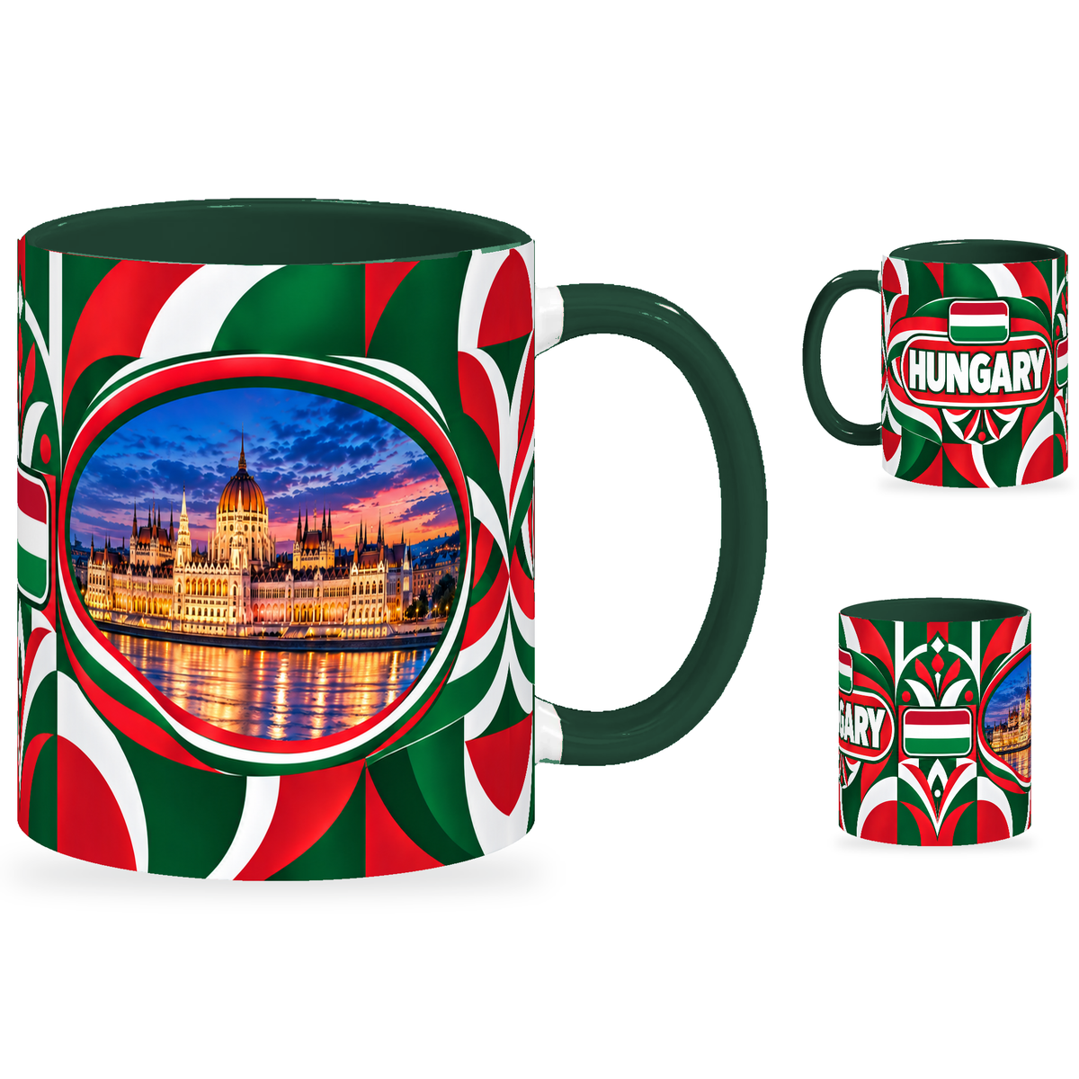 Hungary Mug – 320ml with dark green handle, showing the landmark side plus companion country-name and centered-flag views of the glossy full-wrap design by Fann Bliss.