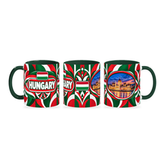 Hungary Mug – 320ml with dark green handle, shown in three matching angles of the glossy full-wrap design by Fann Bliss.
