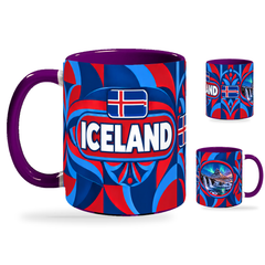 Iceland Mug Purple – 320ml with purple handle, showing the country-name side plus companion centered-flag and landmark views of the glossy full-wrap design by Fann Bliss.