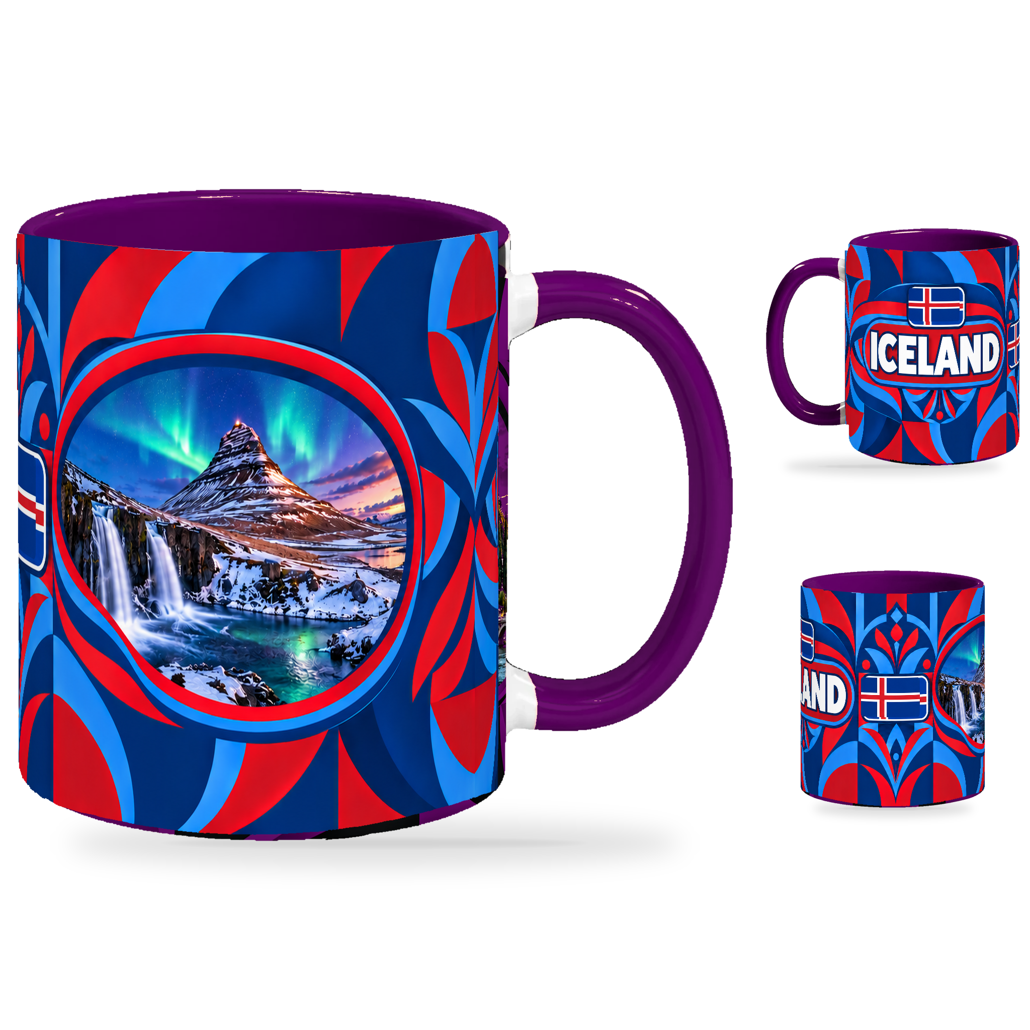 Iceland Mug Purple – 320ml with purple handle, showing the landmark side plus companion country-name and centered-flag views of the glossy full-wrap design by Fann Bliss.