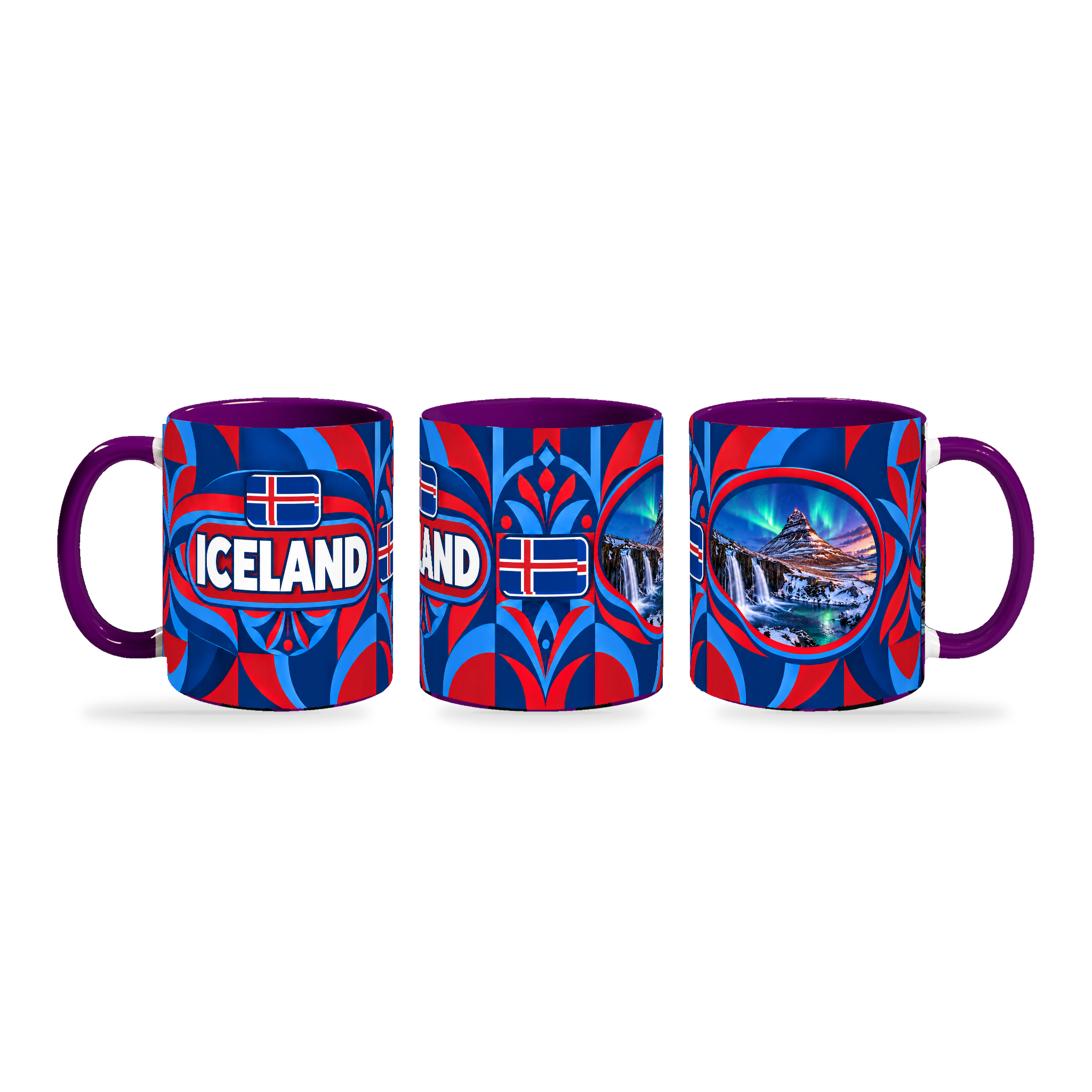 Iceland Mug Purple – 320ml with purple handle, shown in three matching angles of the glossy full-wrap design by Fann Bliss.