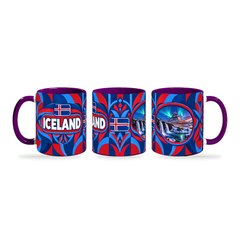 Iceland Mug Purple – 320ml with purple handle, shown in three matching angles of the glossy full-wrap design by Fann Bliss.