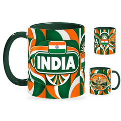 India Mug – 320ml with dark green handle, showing the country-name side plus companion centered-flag and landmark views of the glossy full-wrap design by Fann Bliss.