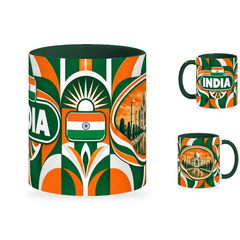 India Mug – 320ml with dark green handle, showing the centered flag view plus companion country-name and landmark views of the glossy full-wrap design by Fann Bliss.