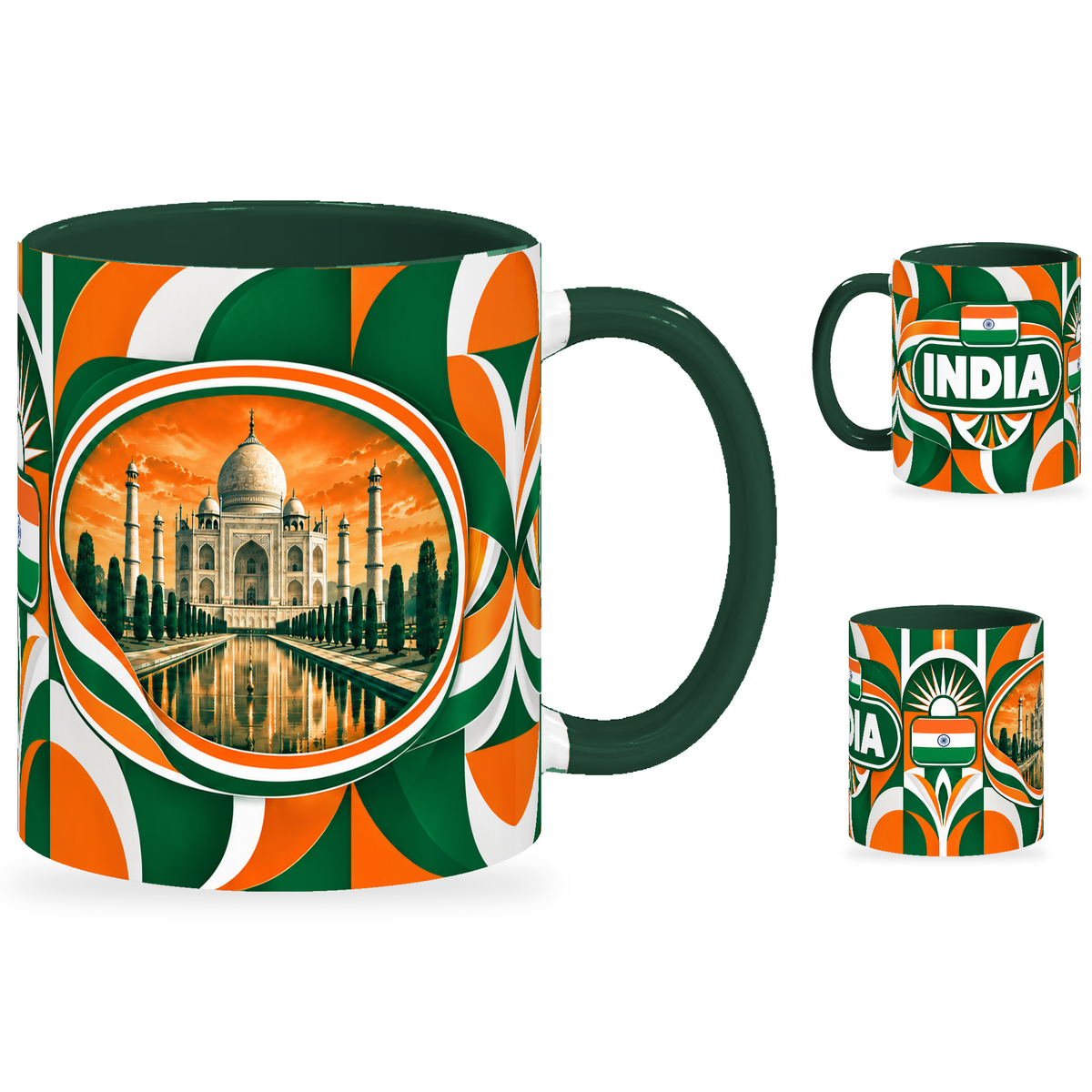 India Mug – 320ml with dark green handle, showing the landmark side plus companion country-name and centered-flag views of the glossy full-wrap design by Fann Bliss.