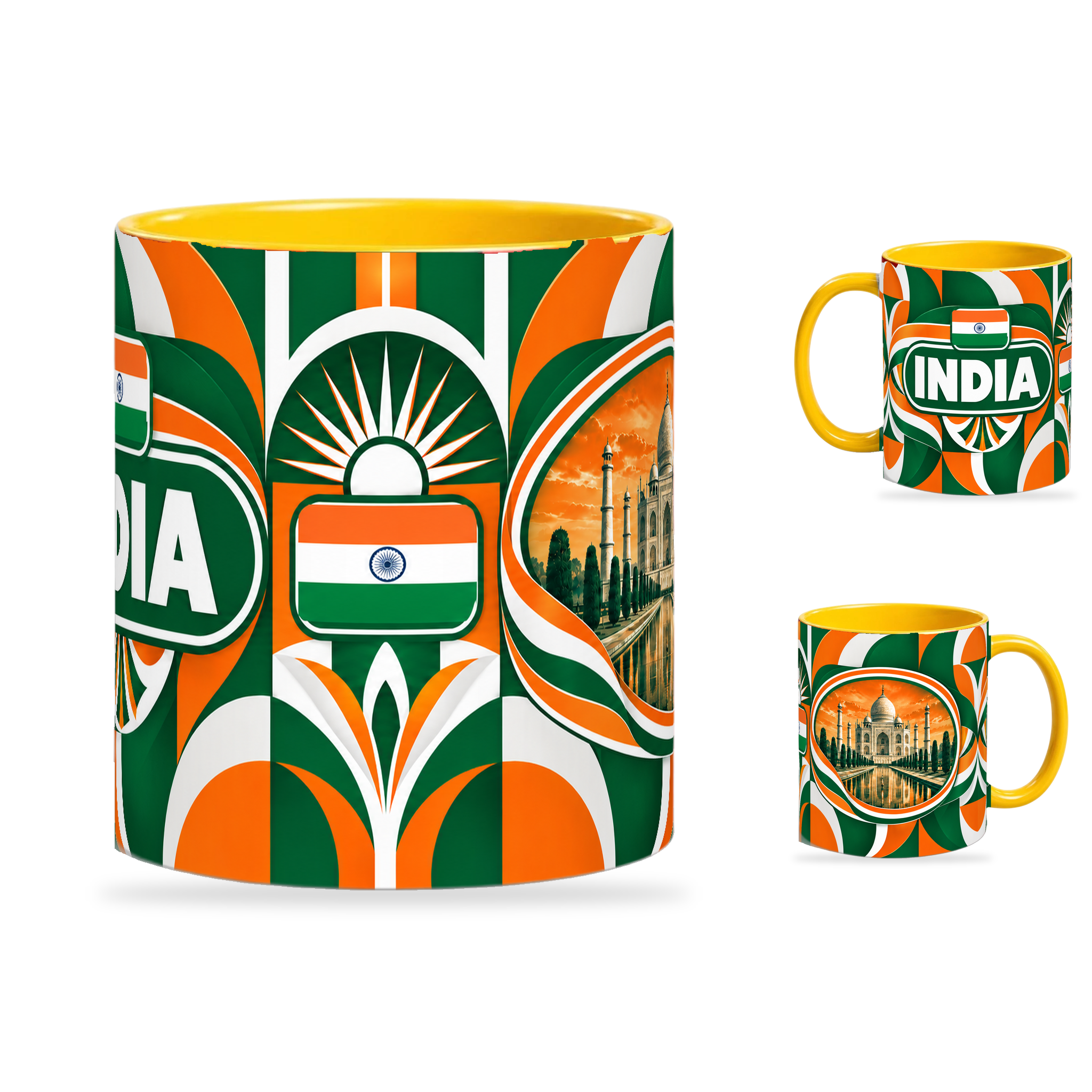 India Mug Yellow – 320ml with yellow handle, showing the centered flag view plus companion country-name and landmark views of the glossy full-wrap design by Fann Bliss.