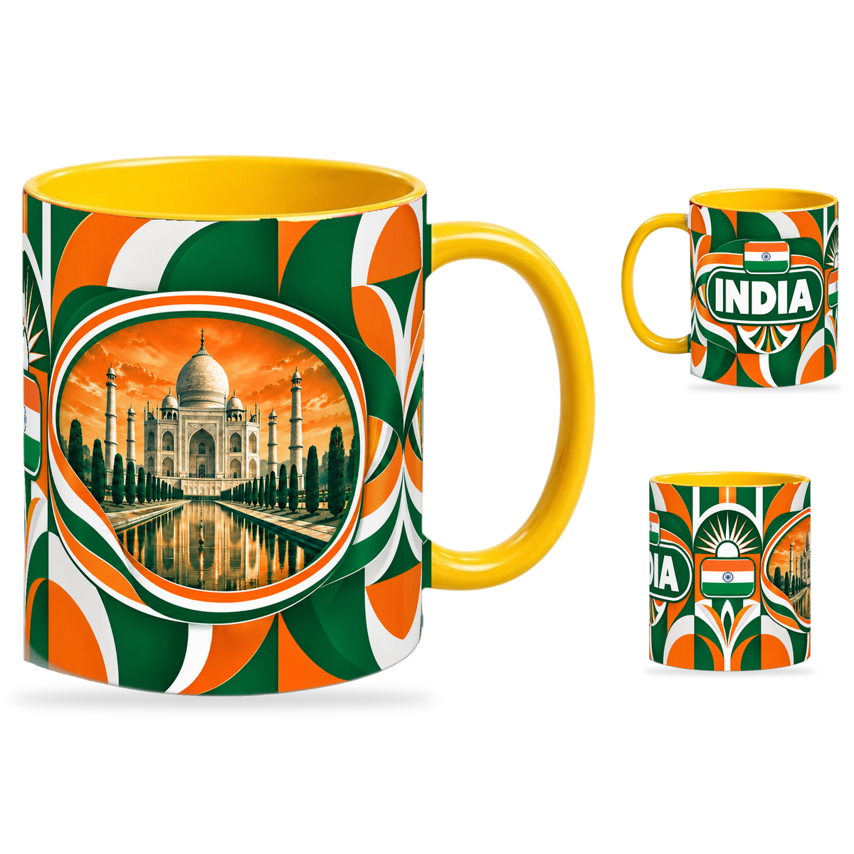 India Mug Yellow – 320ml with yellow handle, showing the landmark side plus companion country-name and centered-flag views of the glossy full-wrap design by Fann Bliss.