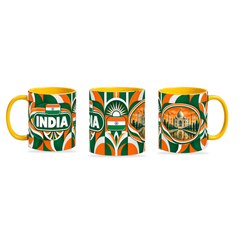 India Mug Yellow – 320ml with yellow handle, shown in three matching angles of the glossy full-wrap design by Fann Bliss.