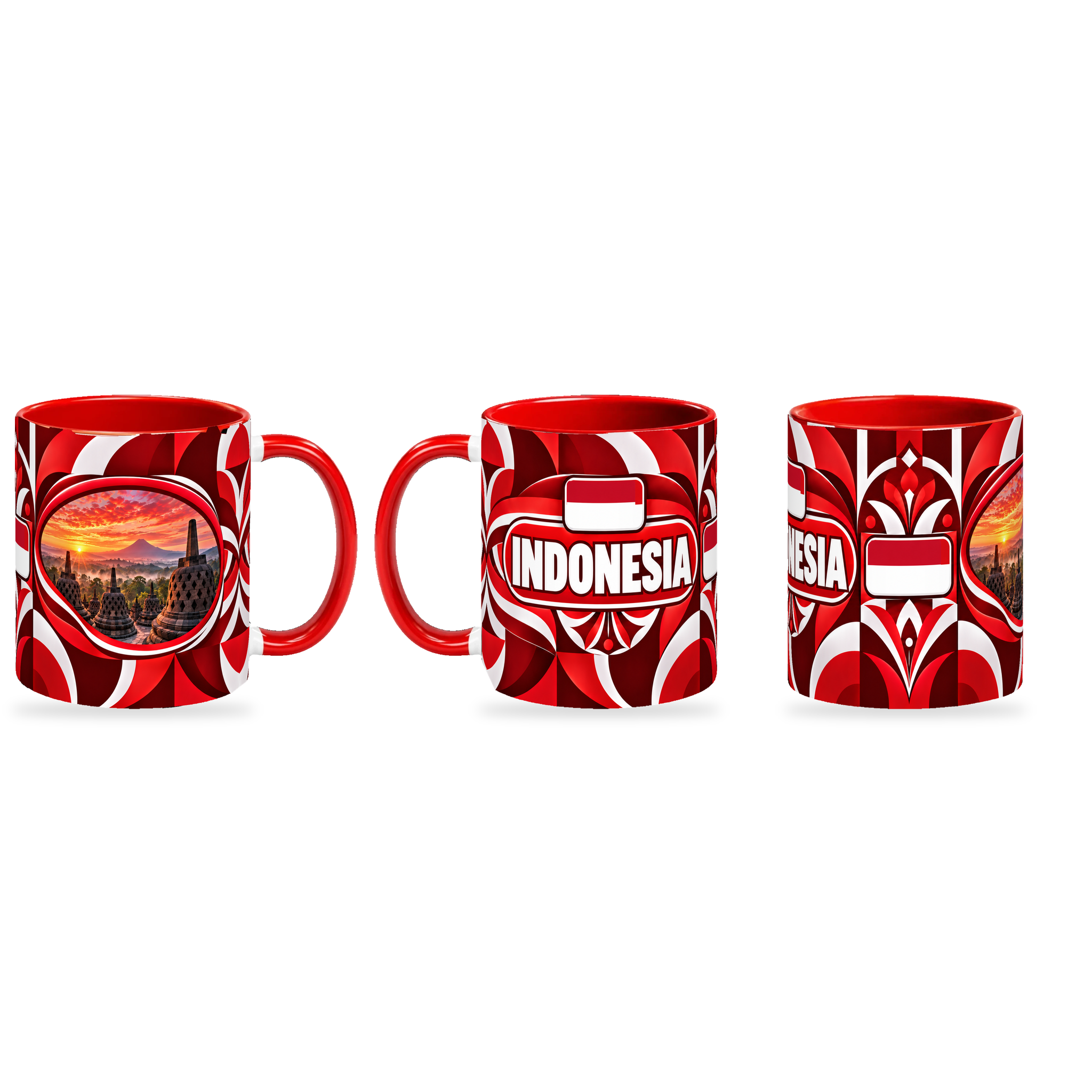Indonesia Mug – 320ml — three matching angles together on a white background with a soft shadow