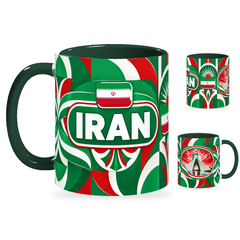 Iran Mug – 320ml with dark green handle, showing the country-name side plus companion centered-flag and landmark views of the glossy full-wrap design by Fann Bliss.