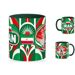 Iran Mug – 320ml with dark green handle, showing the centered flag view plus companion country-name and landmark views of the glossy full-wrap design by Fann Bliss.