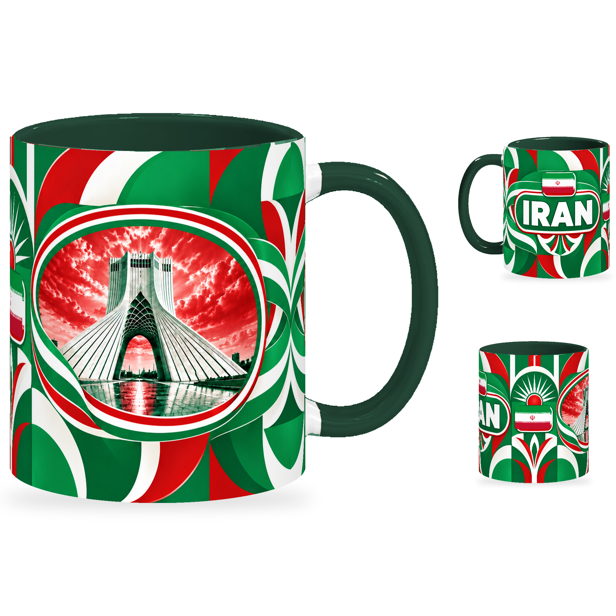 Iran Mug – 320ml with dark green handle, showing the landmark side plus companion country-name and centered-flag views of the glossy full-wrap design by Fann Bliss.