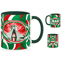 Iran Mug – 320ml with dark green handle, showing the landmark side plus companion country-name and centered-flag views of the glossy full-wrap design by Fann Bliss.