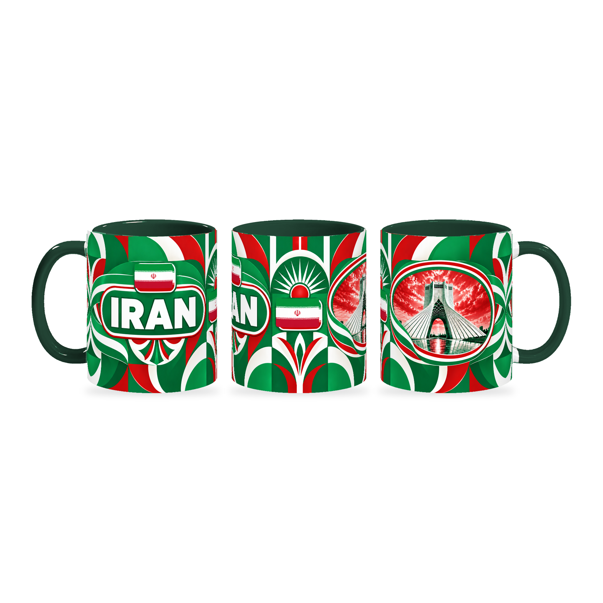 Iran Mug – 320ml with dark green handle, shown in three matching angles of the glossy full-wrap design by Fann Bliss.