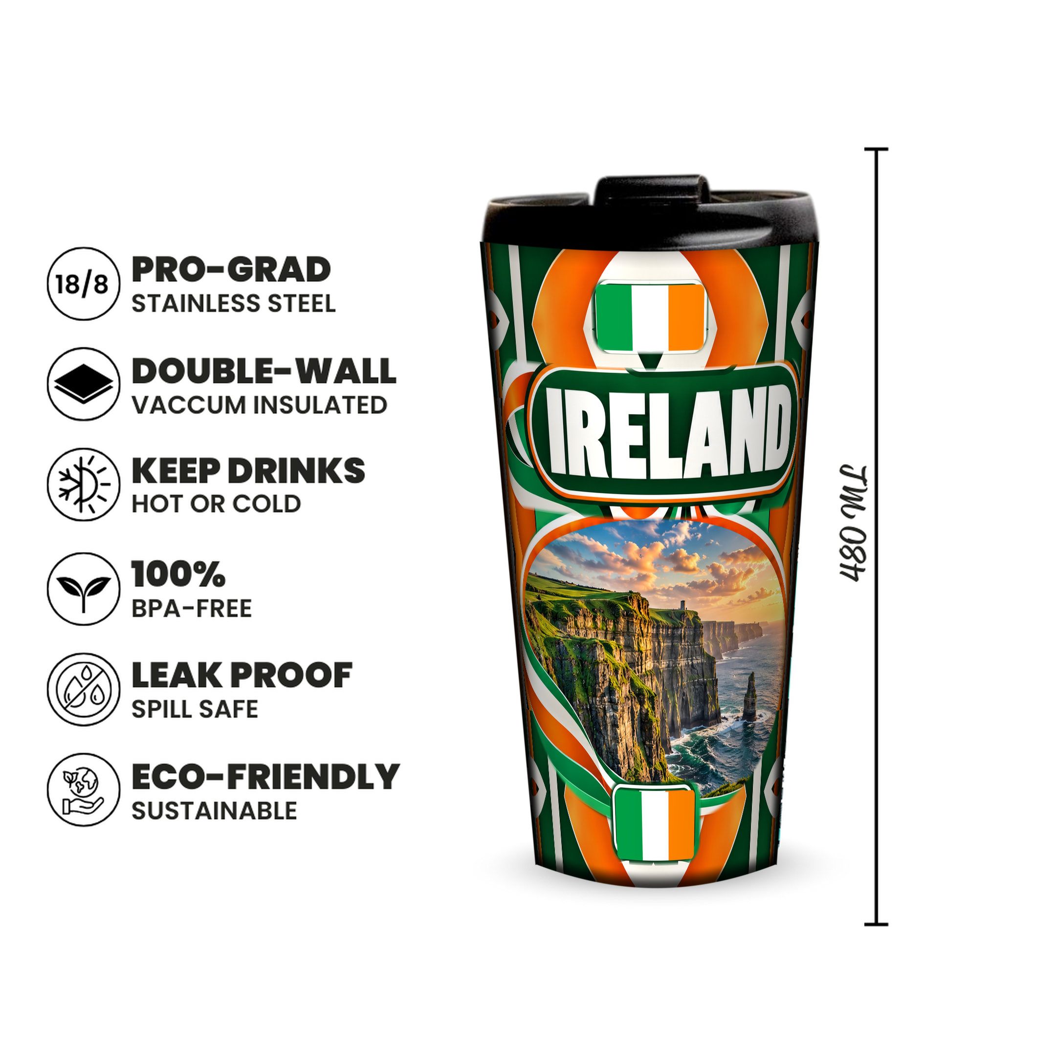 Ireland 480ml insulated tumbler features and size