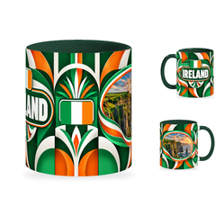 Ireland Mug – 320ml with dark green handle, showing the centered flag view plus companion country-name and landmark views of the glossy full-wrap design by Fann Bliss.